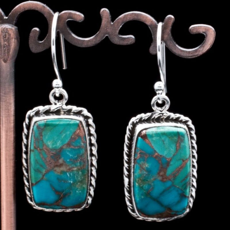 Silver-Solid 925 Sterling Silver Gemstone Blue Copper Turquoise Handmade Earring