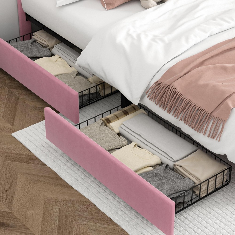 Full Bed Frame Upholstered Platform with 4 Storage Drawers & Tufted Adjustabl...