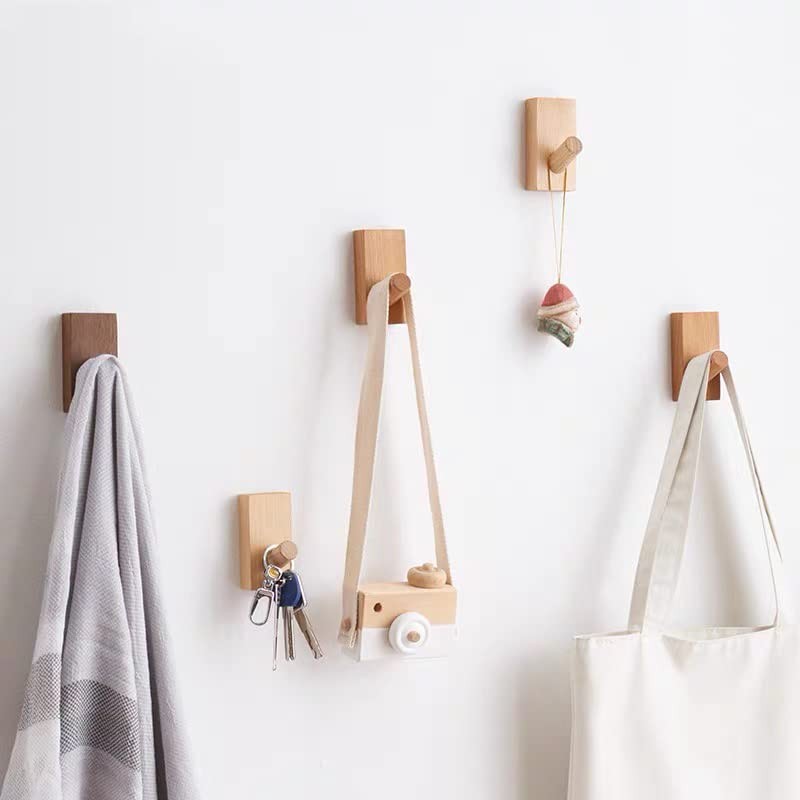 Adhesive Wall Hooks Hat Rack, Wooden Coat Hooks Wall 4Pack Rectangle-Beech