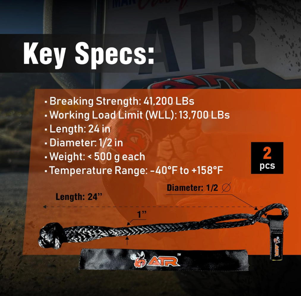 ATR Soft Shackle 41,200 lb (2 Pack, Black) – Heavy Duty Synthetic Rope Recovery