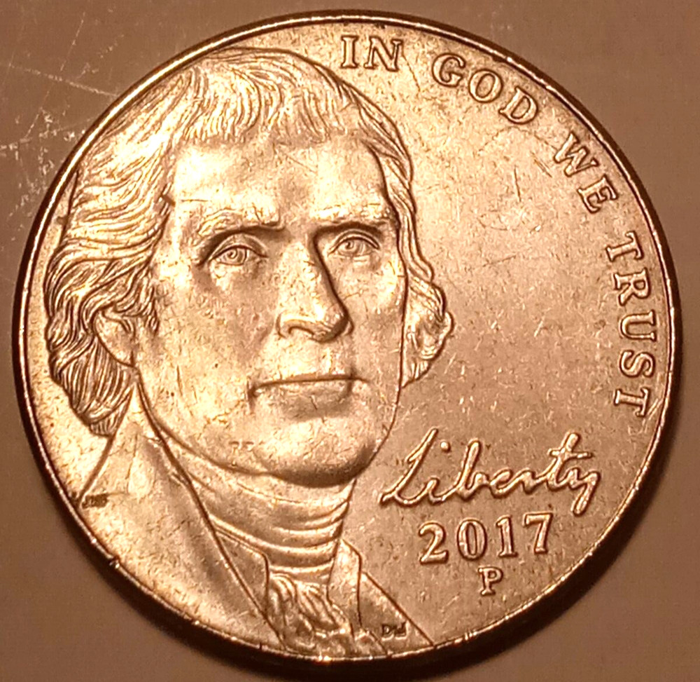 2017 P Jefferson Nickel with Early Stage "Bee Hive" Die Chip Error on Reverse