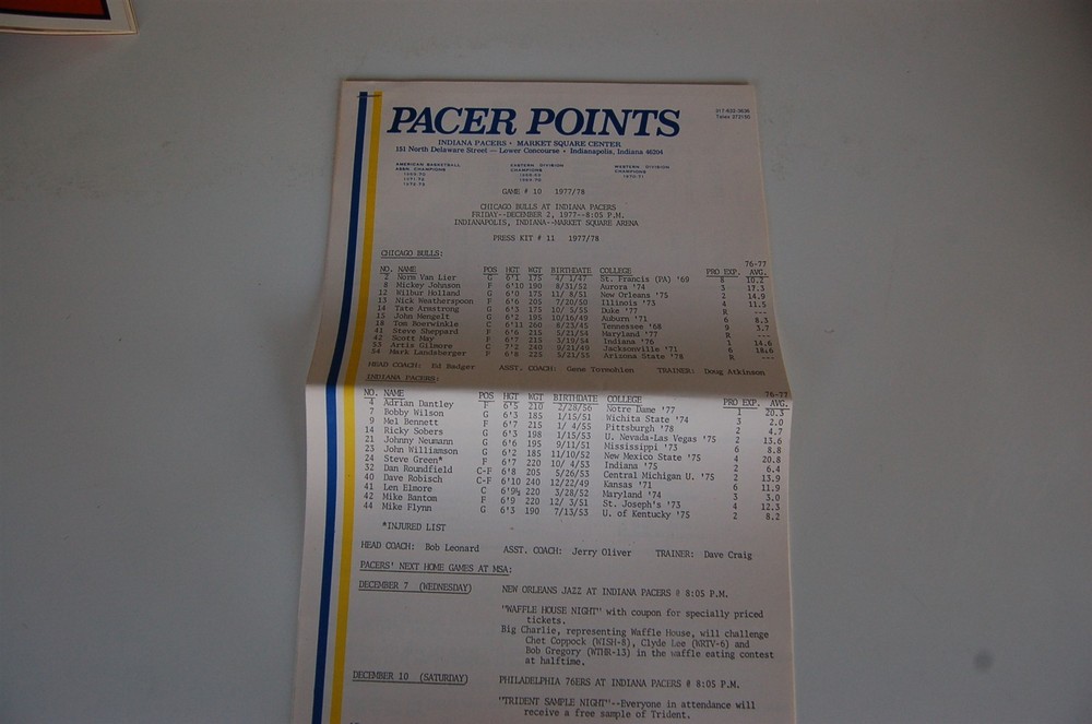 1977 Pacers - Bulls NBA Program - Scott May Cover - w/ Press Notes