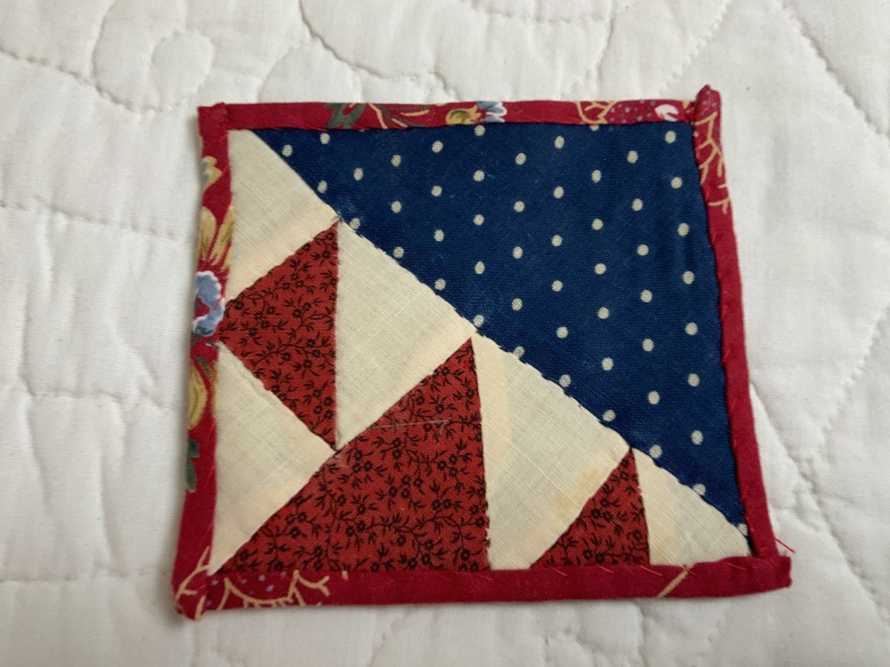Antique Patchwork Quilt Table Topper, Early Calicos, Mini, Triangles, Navy, Red