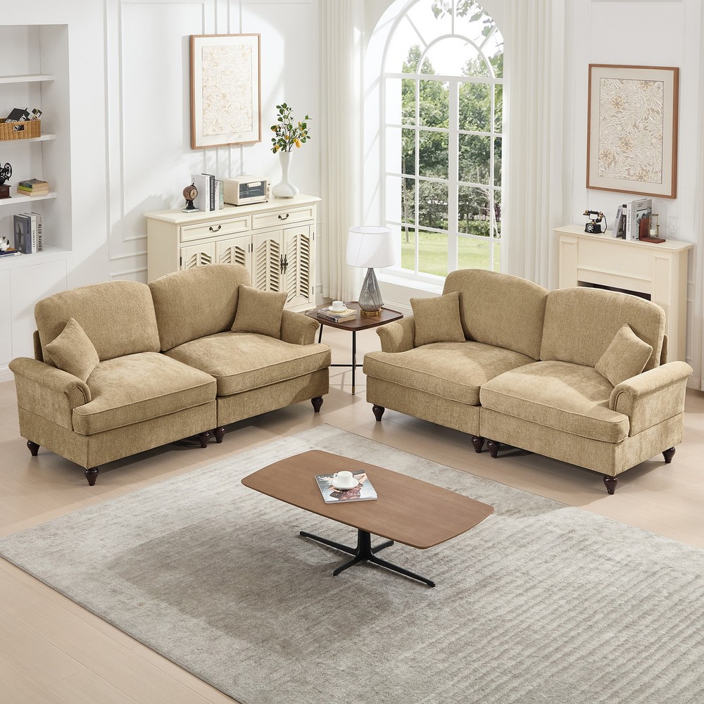 Modular 2-Piece Light Coffee Chenille Sofa Set w Flared Arms