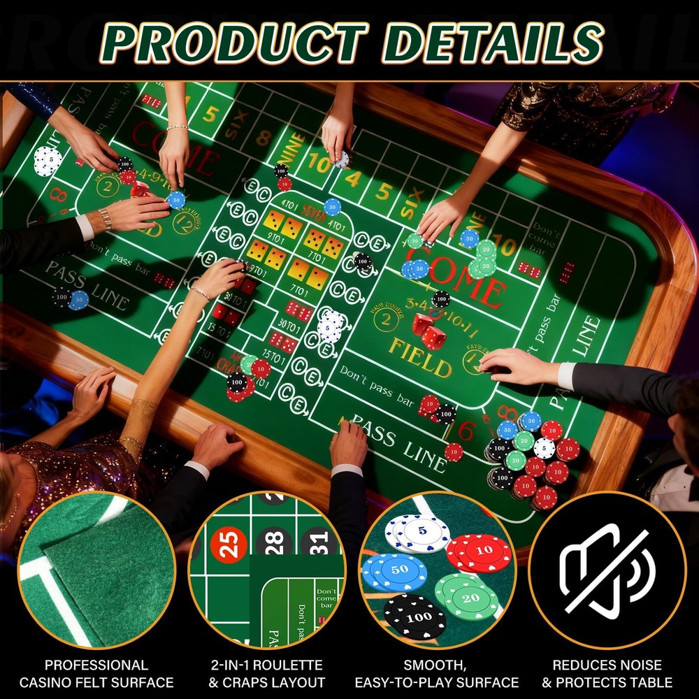 Double Sided Roulette & Craps Table Top Mat - 36"x72" Professional Green