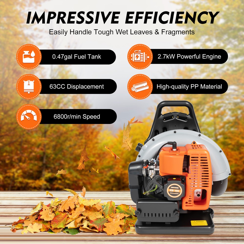 63CC 2-Stroke Backpack Gas Leaf Blower, 4.3HP, 850CFM for Easy Cleanup
