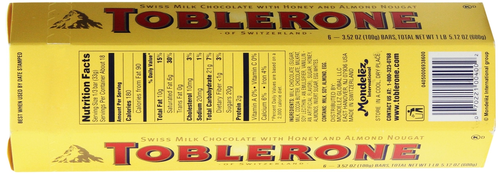 Toblerone Swiss Milk Chocolate with Honey and Almond Nougat, 6 - 100g Bars, Tota