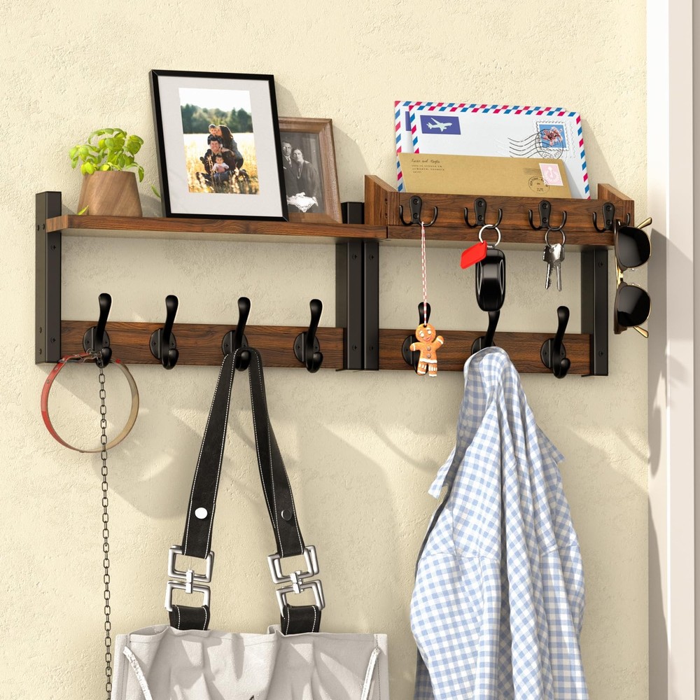 29'' Rustic Coat Rack Wall Mount with Shelf, Solid Wood Coat and Key Hanger w...