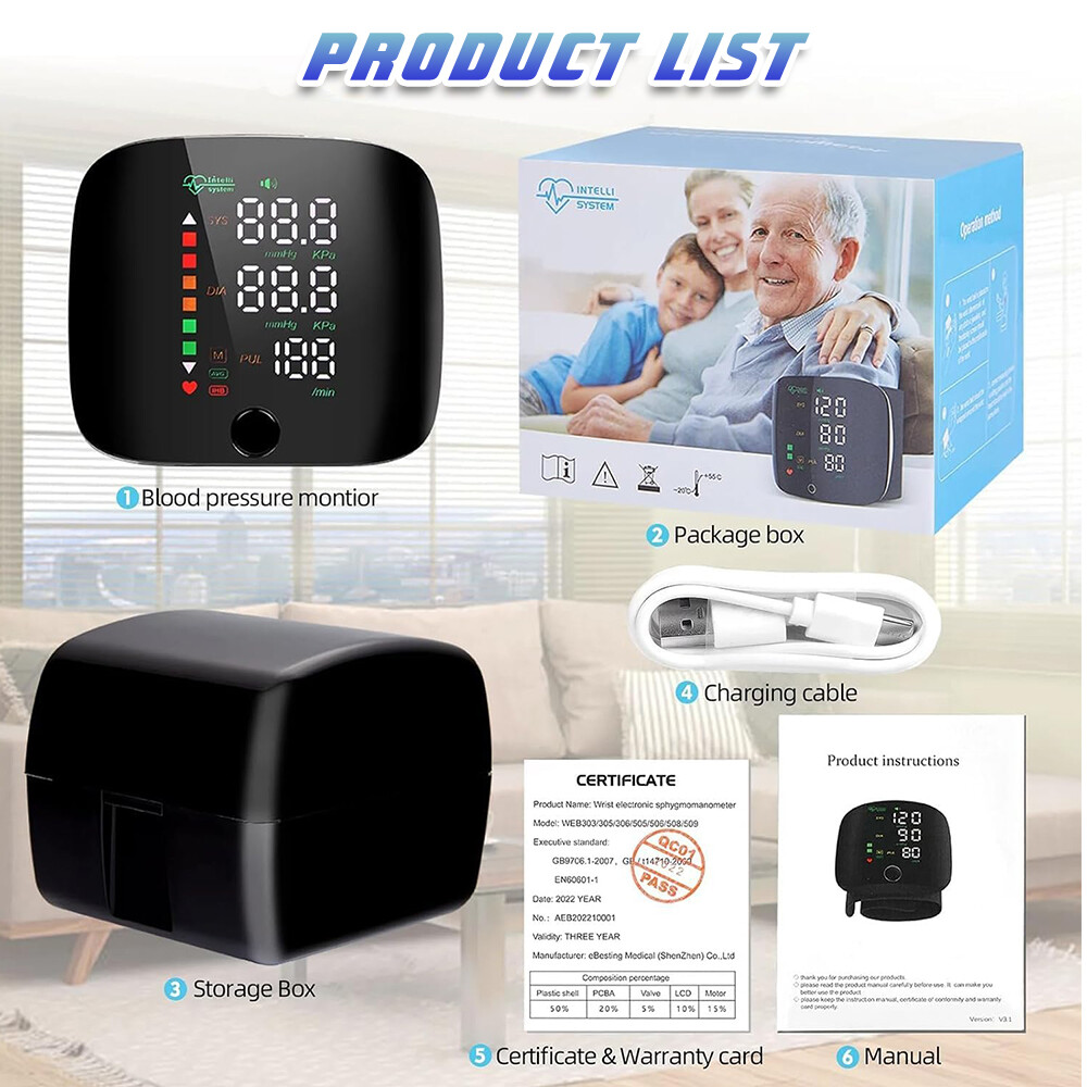 Wrist Blood Pressure Monitor Automatic BP Machine Digital Cuff Heart Rate LCD