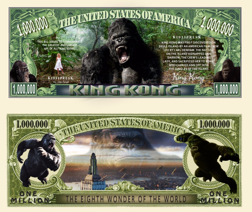 King Kong Million Dollar Bill Play Funny Money Novelty Note with FREE SLEEVE