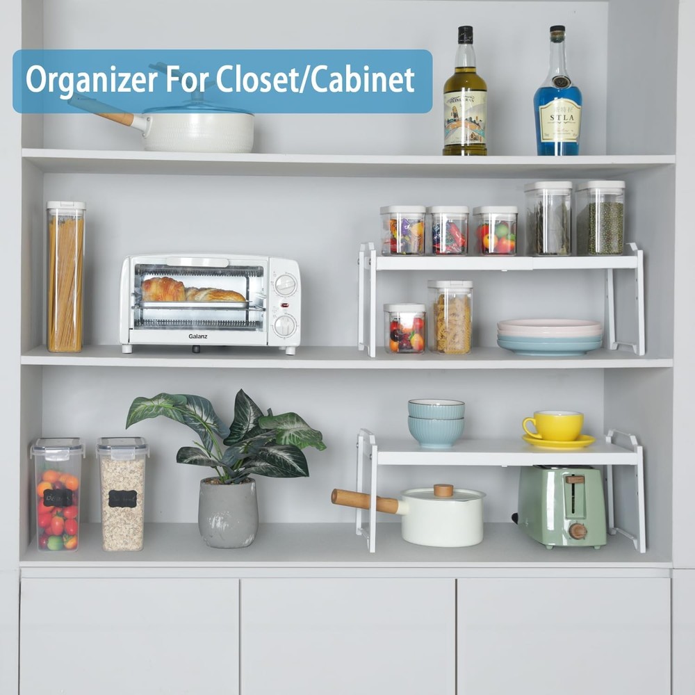 2 Pack Expandable Kitchen Cabinet Shelves Organizers, Stackable Adjustable Sm...