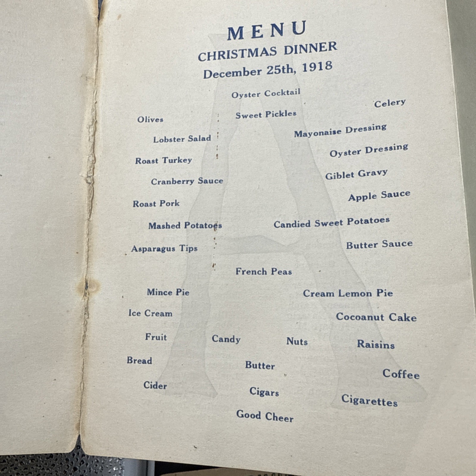 31st Infantry Division Co. A 75th Regiment Camp Lewis WA WWI 1918 Christmas Menu
