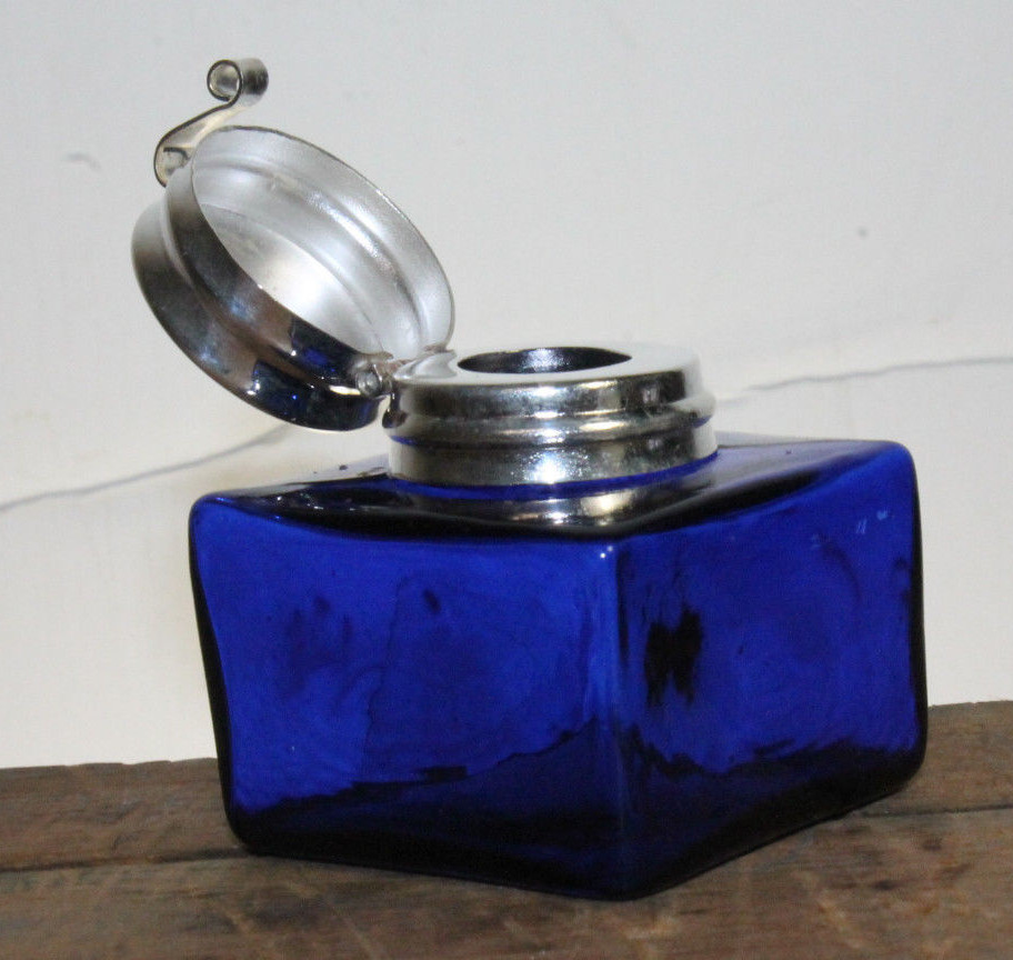 Vintage Antique Style Square Cobalt Blue Glass Inkwell Bottle ink