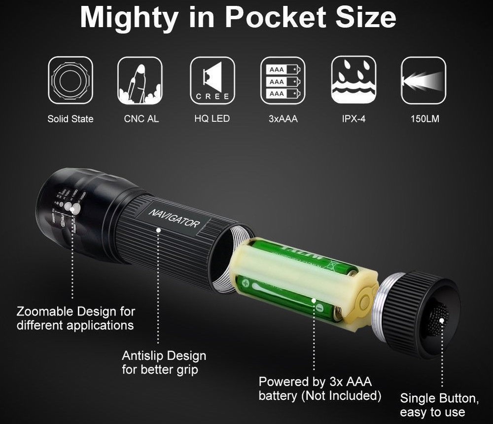 LED Flashlight Torch 1193 With Adjustable Focus Zoom + Battery