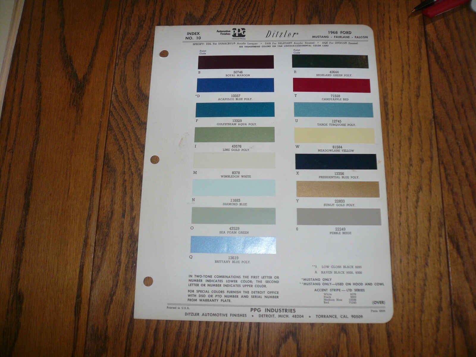 1968 Ford  Mustang Fairlane Falcon Ditzler Paints Color Chip Paint Sample
