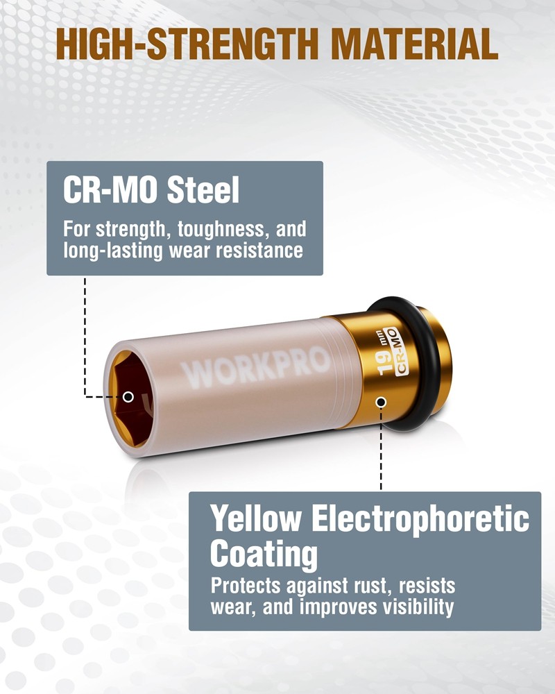 WORKPRO 1/2" Drive Lug Nut Impact Duty Socket 19mm Deep Thin Wall Socket 6 Point