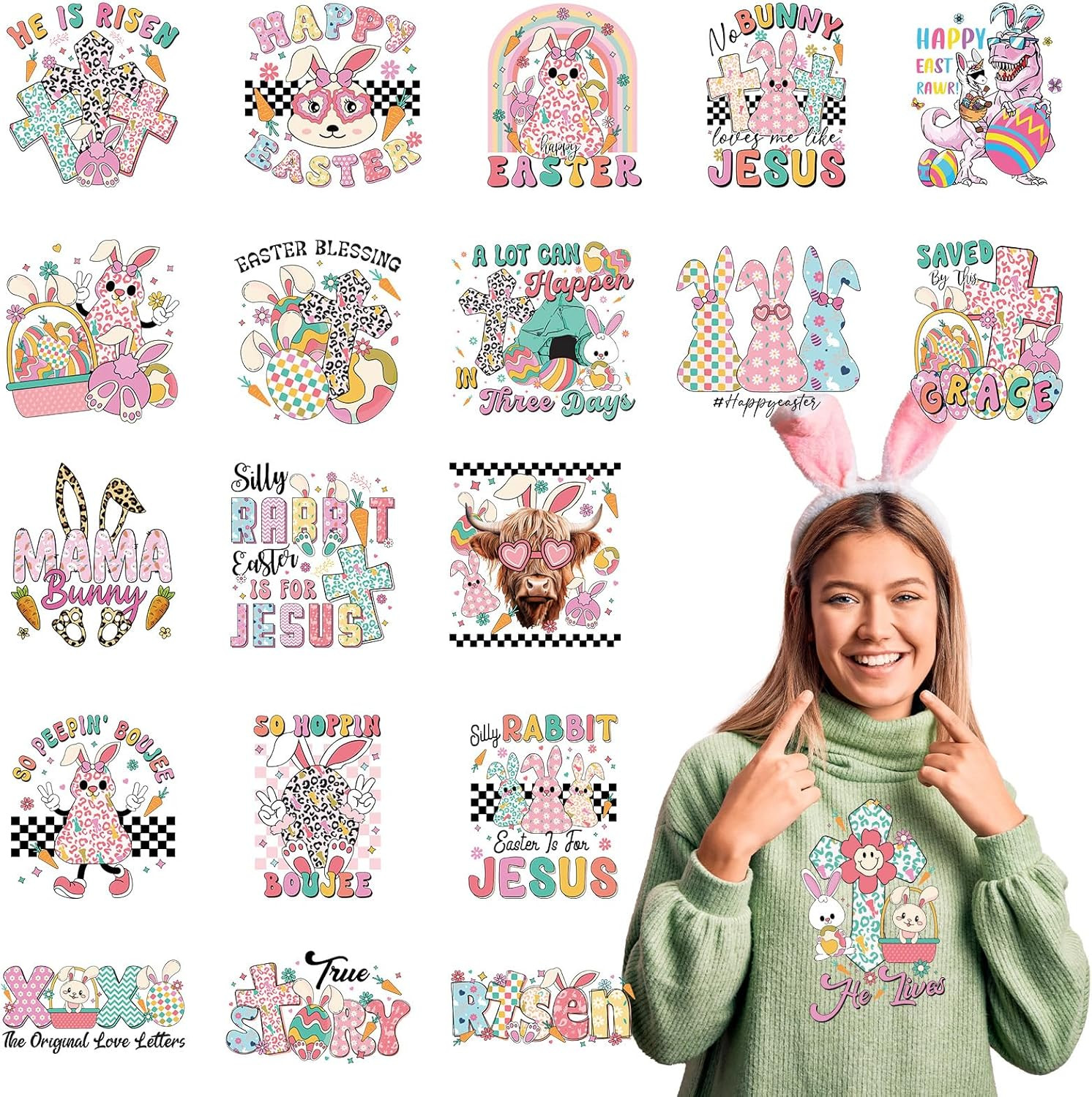 Dtf Transfers Ready to Press - 20 Pcs Easter Iron on Transfers for T-Shirts, Jes