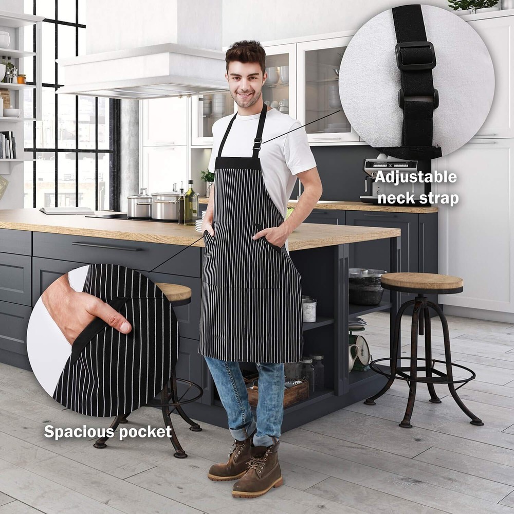 Adjustable Bib Cotton Aprons - Adjustable Neck Strap with Extra Long Ties wit...