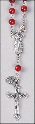 Divine Mercy 7MM Red Glass Bead One Decade Auto Hanging Rearview Mirror Rosary