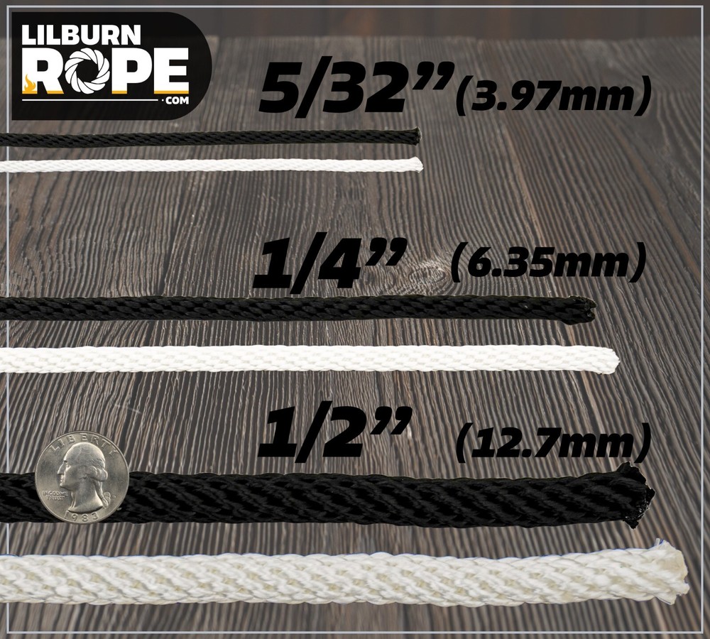 White - Black Solid Braid Polyester Rope 5/32", 1/4", 1/2" - Durable and Soft