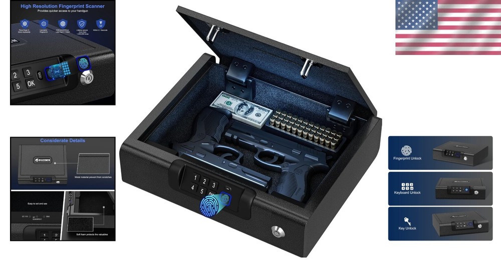 Enhanced Security Biometric Pistol Safe – Key & PIN Unlock with USB Charging