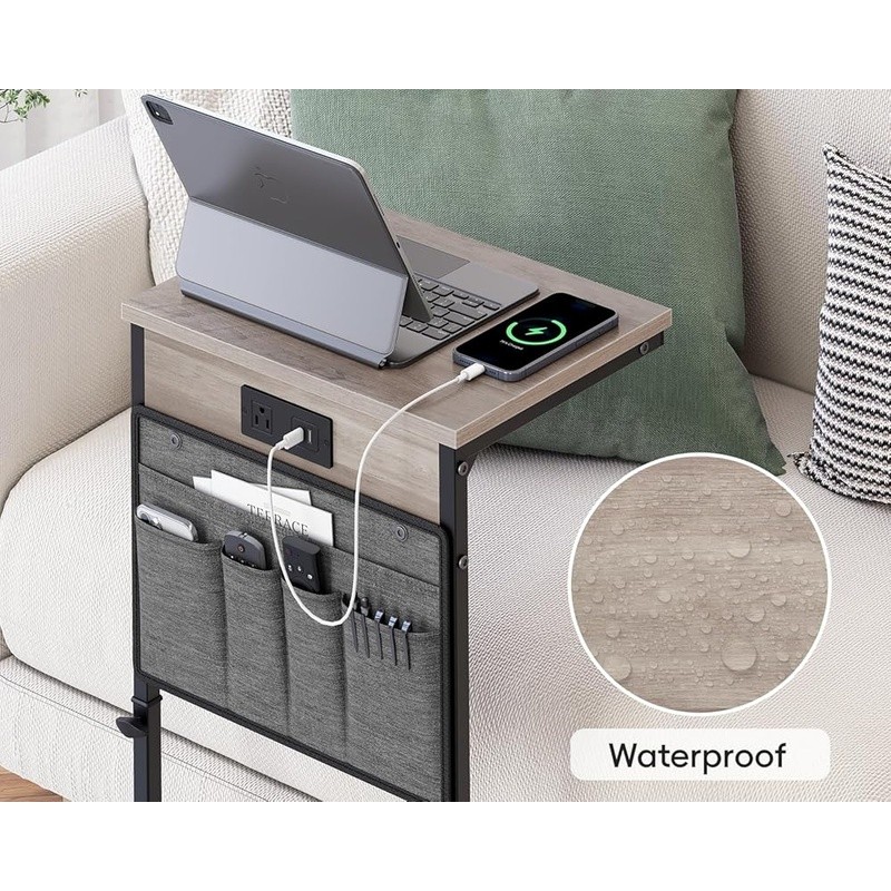 Height Adjustable C Shaped Side Table W/ USB Charging Station Storage Bag Couch