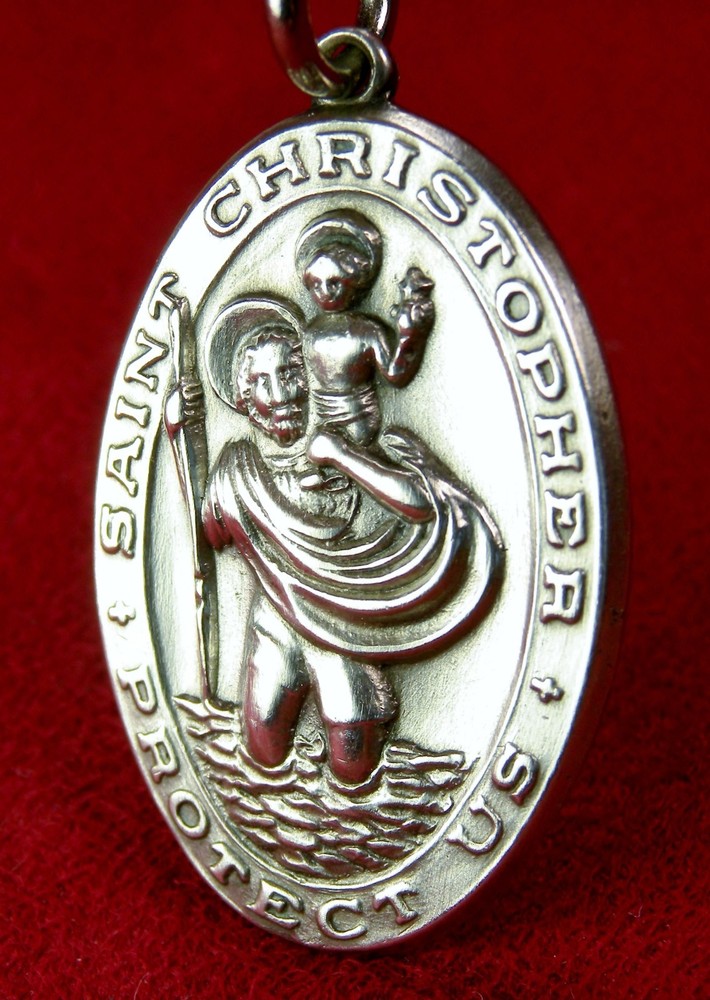 WWII CHAPLAINS 9 GR Sterling GI Battle Worn Dog tag Chain St Christopher Medal