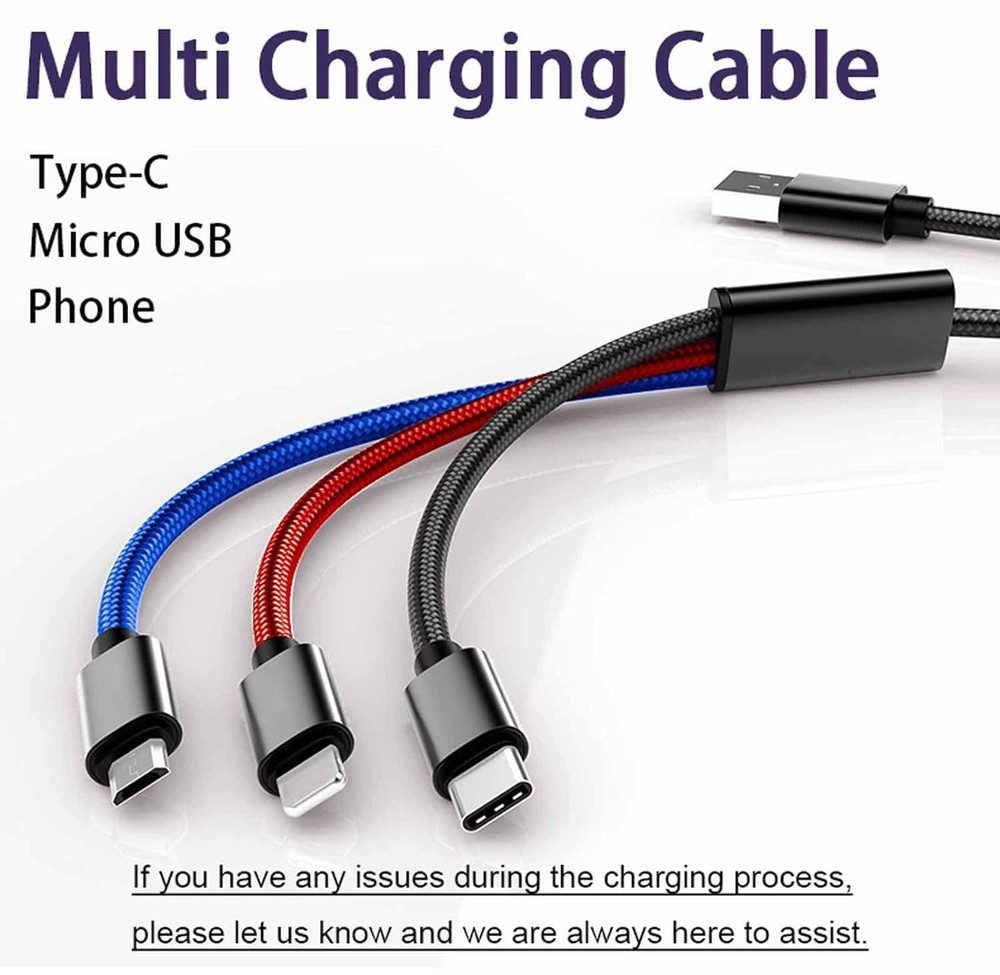 10ft Long Multi Charging Cable, 3 Color, Nylon Braided, 3 10FT, Multicolored