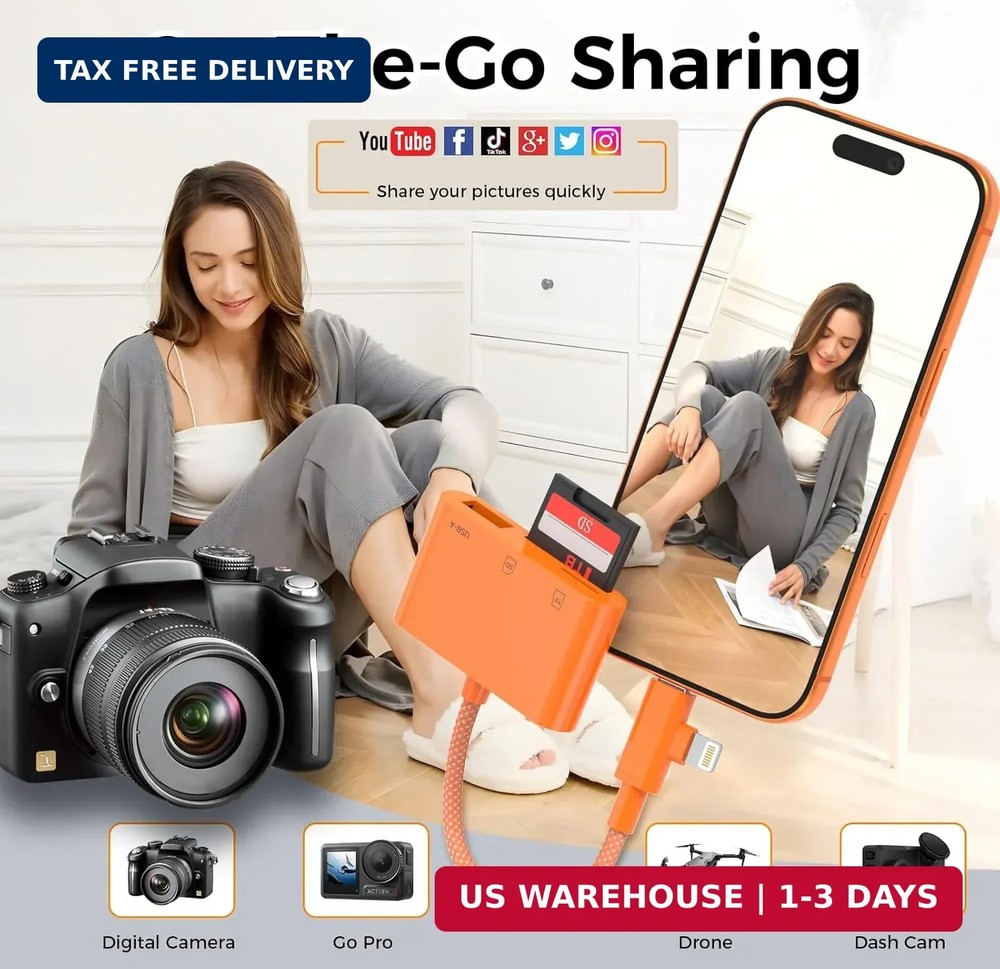 SD Card Reader for iPhone iPad, Lightning & USB C Dual Connectors, 3 in 1 Memory