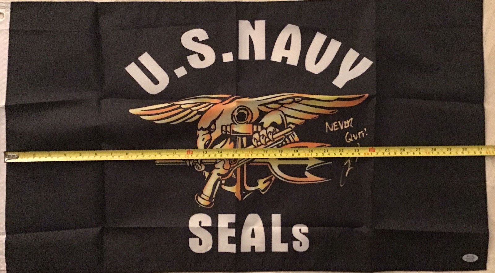 Rob O'Neill Never Quit Gold 31.5"x15" NAVY SEALs Flag PSA Certification 2C71972