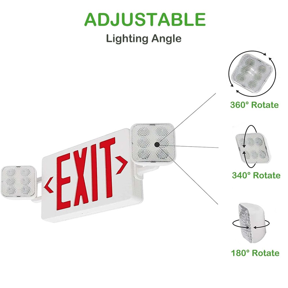 LED Combo Exit Sign Emergency Light, Double Sided with Two LED Flood Lights, ...