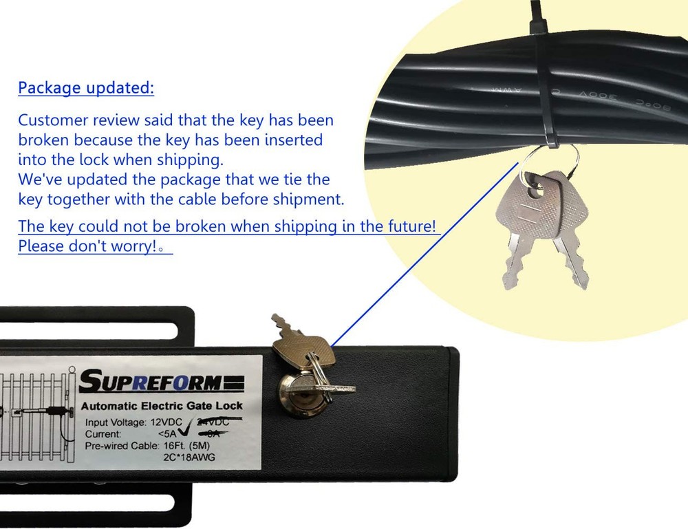 Universal 12VDC Electric Gate Lock for Swing Gates, Fail Secure, UL Listed Cable