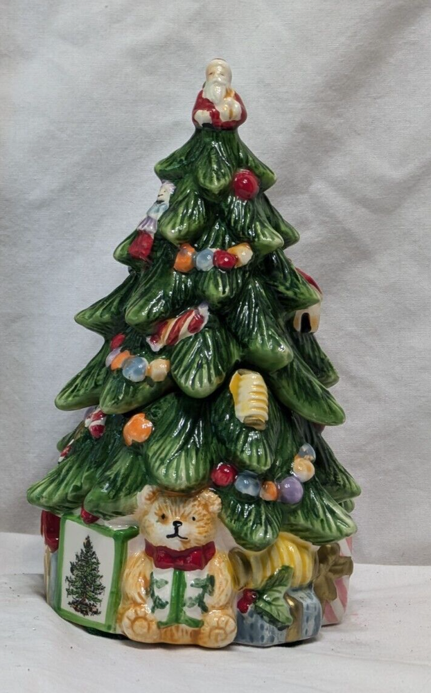 2 pc. 7" Spode Ceramic Decorated Xmas Tree Candy Box Hand Painted in Nice Con.