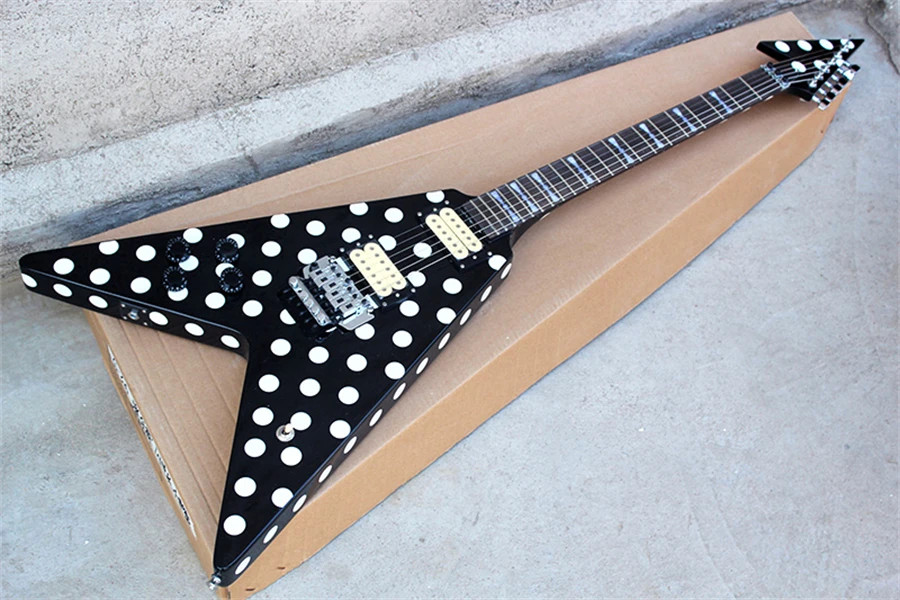 V Shape Black Body Electric Guitar with White Dots Pattern,Chrome Hardware