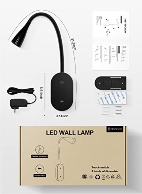LED Wall Mount Reading Light for Bed, Reading Lamp with USB Output 5 Black