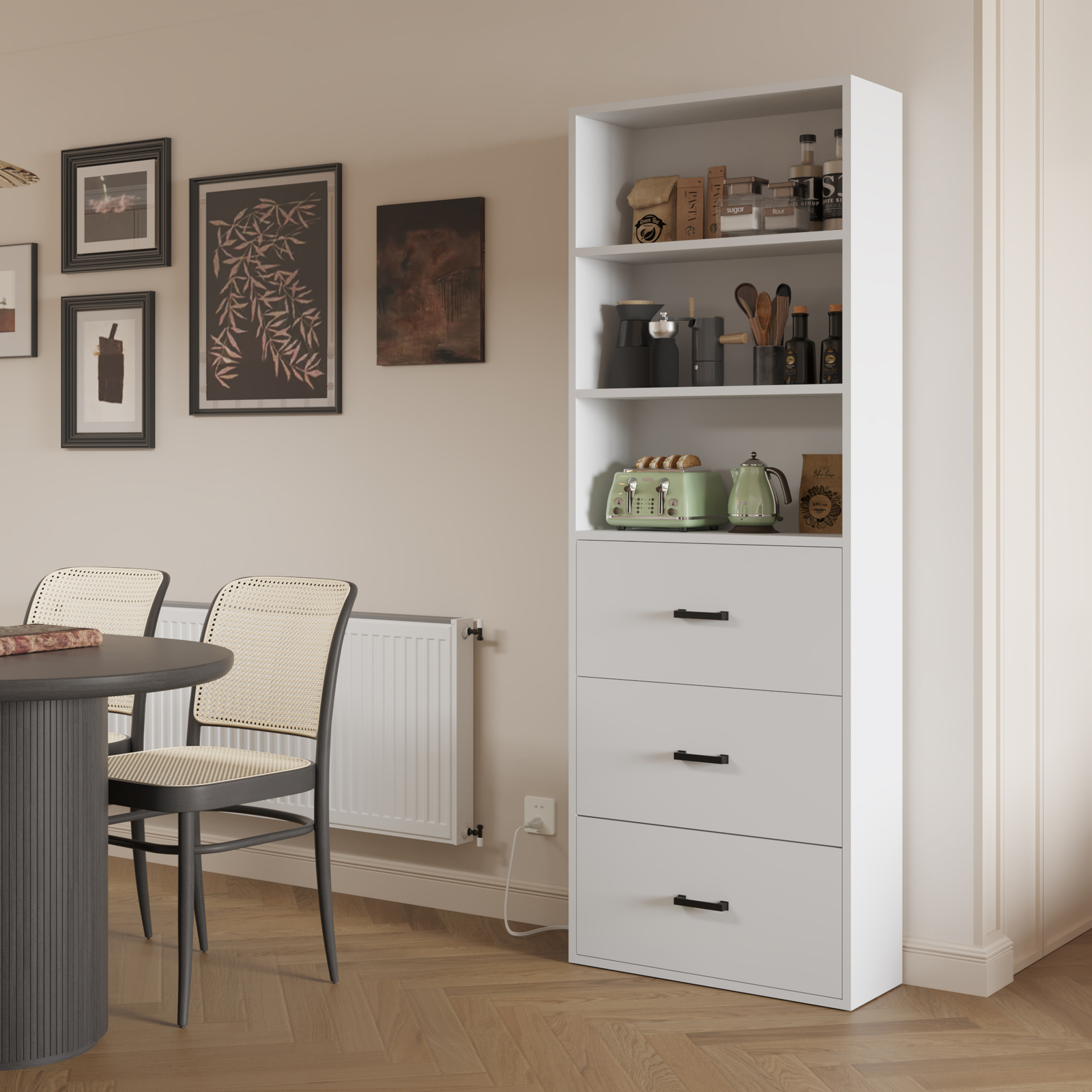 Drawer Dresser Bookcase with USB Power Outlet Storage Cabinet Bookshelf White US