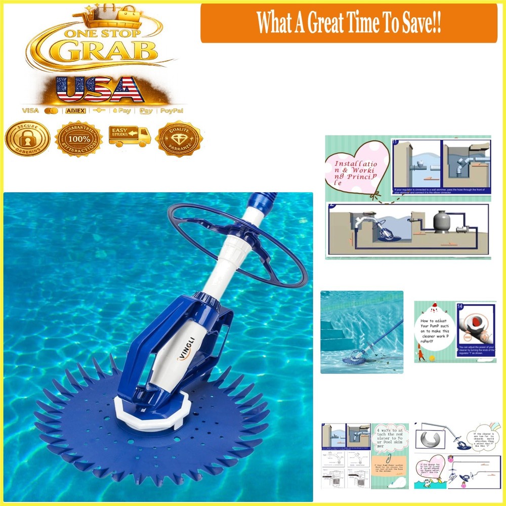 Navy Blue & White Automatic Pool Vacuum Cleaner 33ft Hoses, High Power