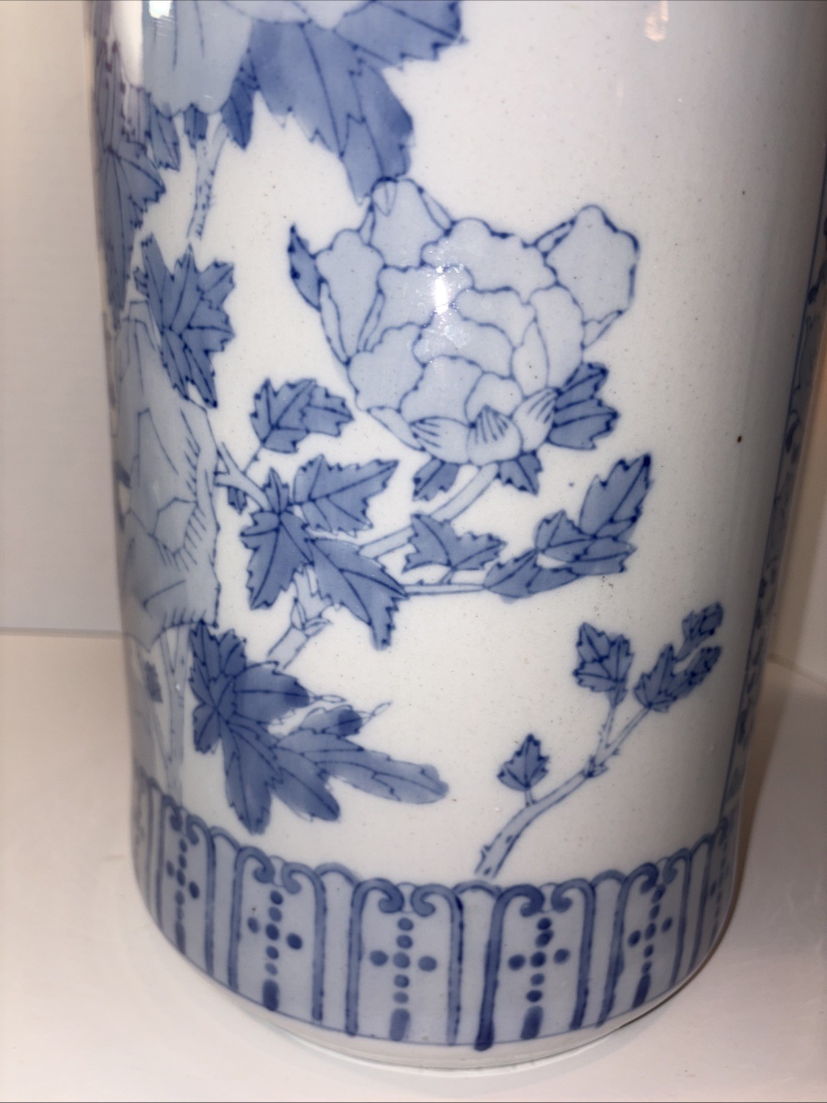 Vintage Umbrella Stand Blue and White Greek Key Chinoiserie Birds Chinese 18”