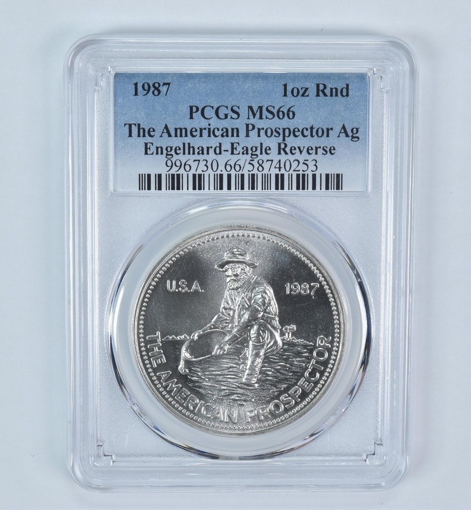 1987 Engelhard Prospector 1 Oz Silver Round Eagle Reverse MS66 PCGS