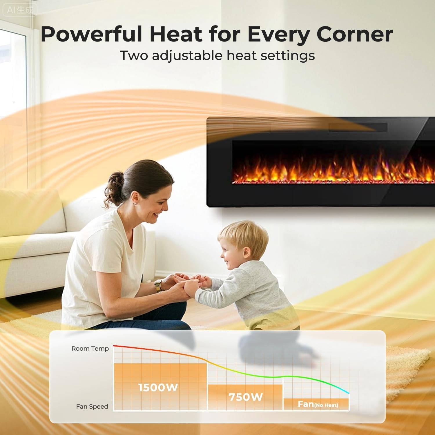 60" Electric Fireplace Recessed and Wall Mounted, 750/1500W Ultra-Thin Electric