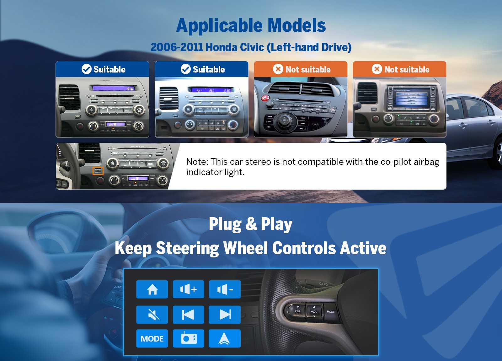 10.1" Touch Screen Carplay Android 14 For 06-11 Honda Civic Car Stereo Radio GPS