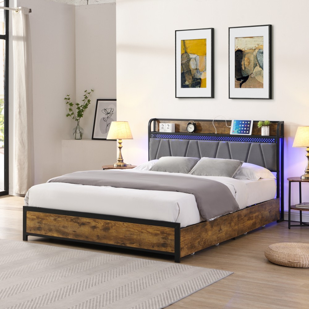 Bed Frame W Charging Station 4 Storage Drawers LED Lights