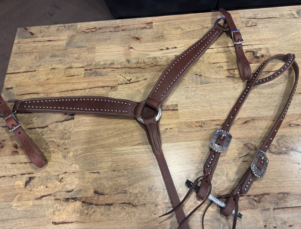 blinged Western Leather Breast Collar Headstall Set