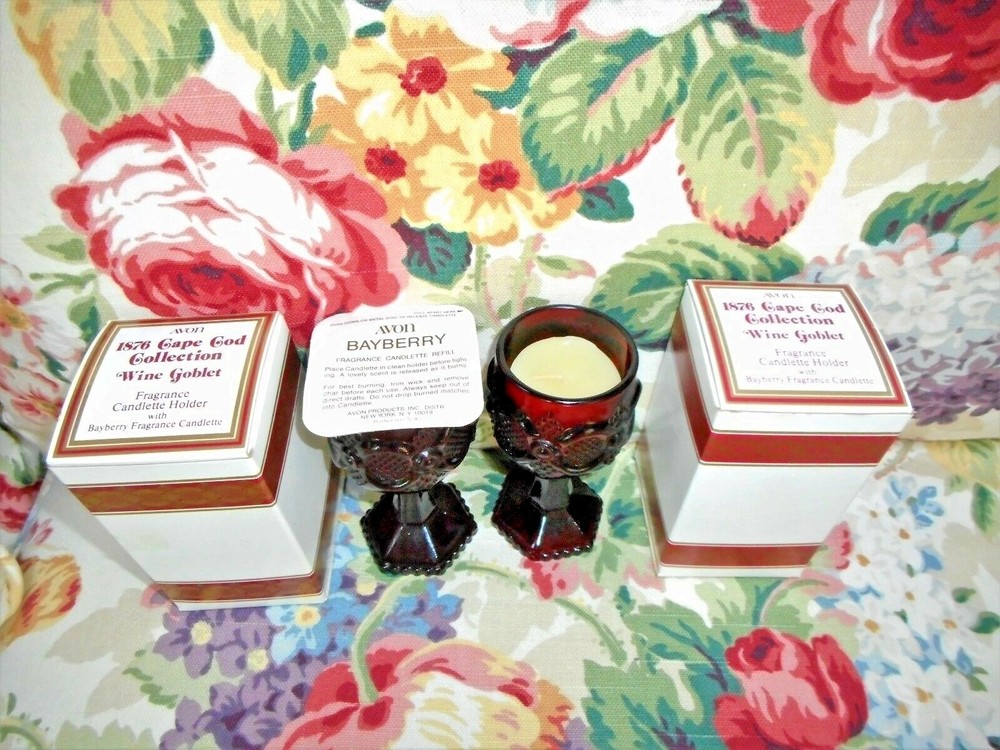 2 Avon Ruby Red 1876 Cape Cod WINE GOBLET Candle Holder+2 Bayberry Candlette NIB