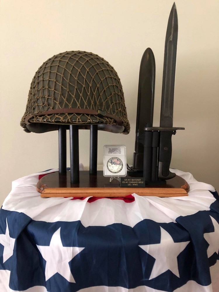 Combination Helmet/Bayonet Display Stand. Customized with Scabbards/Nameplates