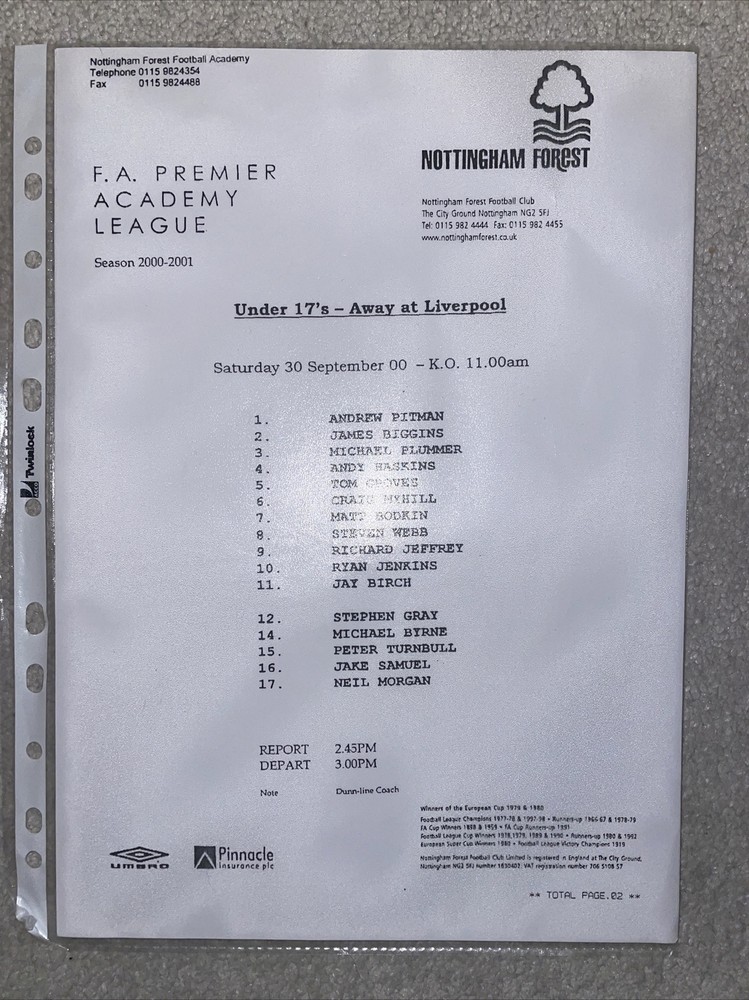 Liverpool v Nottingham Forest  Under 17s 30/9/2000
