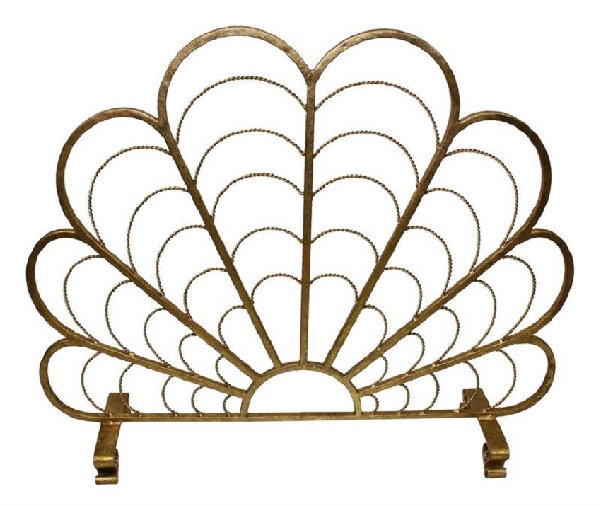 Gold Peacock Shell Fan Shape Firescreen Iron Fireplace Fire Screen Vintage Style