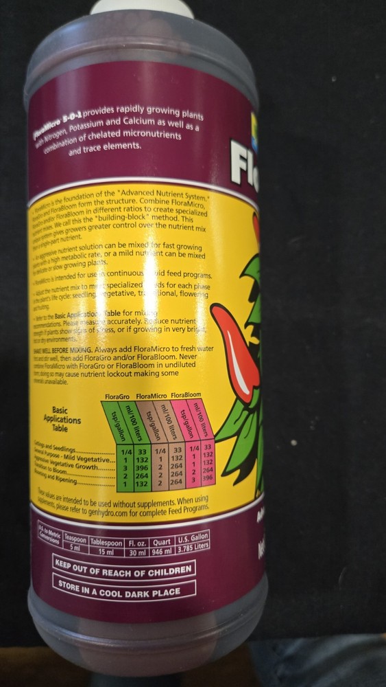 General Hydroponics FloraMicro Liquid Nutrients Bottle 1 Quart Nitrogen Calcium