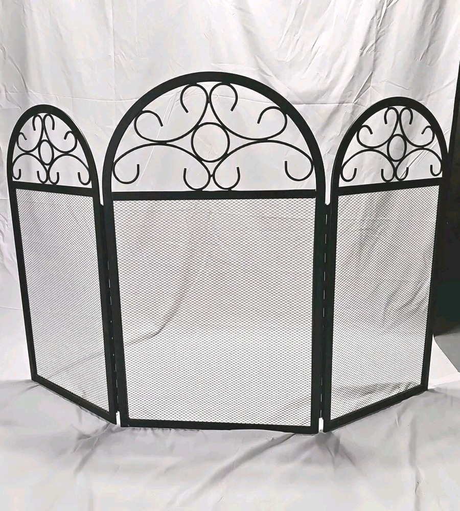 VTG Wrought Iron Decorative Fireplace Screen 3 Panel Black