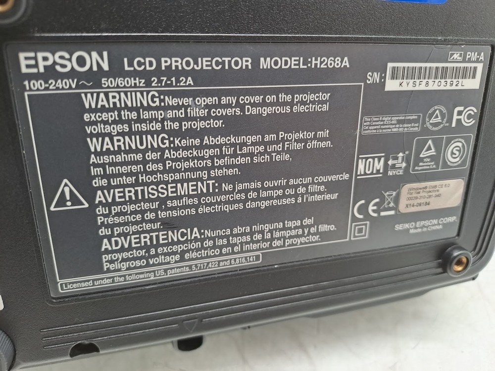 Epson LCD Projector Model: H268A (LAMP Hours 344)